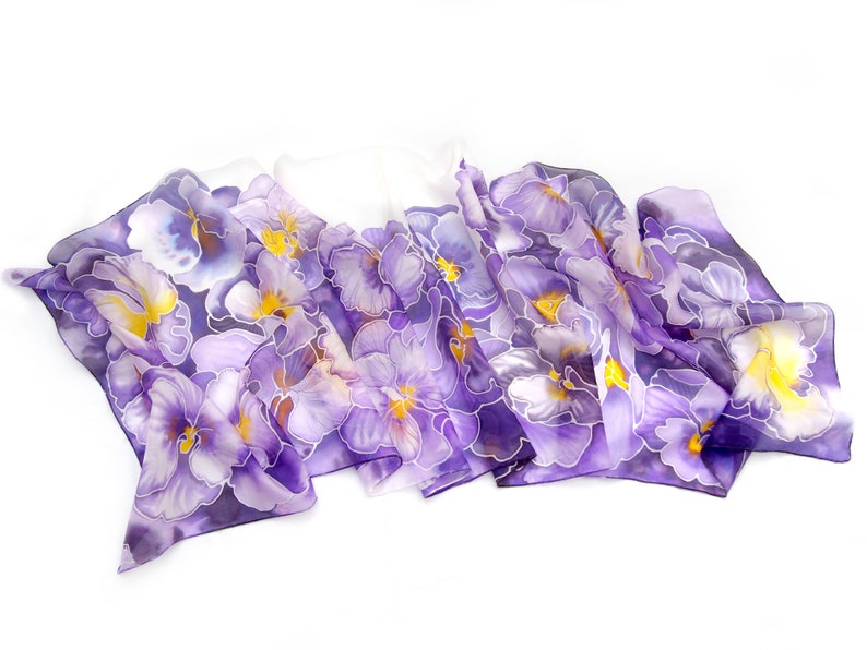 Purple scarf, pansy painted silk scarf with flowers, light weight pure Habotai for Mother's Day image 8