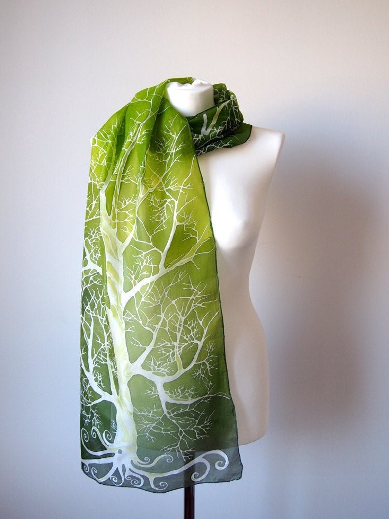 Bright green silk scarf with white tree. Nature inspired forest scarves hand painted. image 1