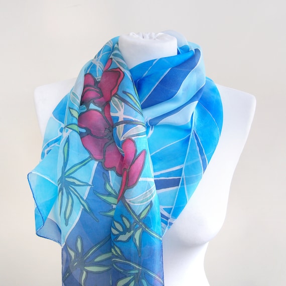 Blue Silk Scarf Mountain Gazelle Silk Scarves Anemone Fowers