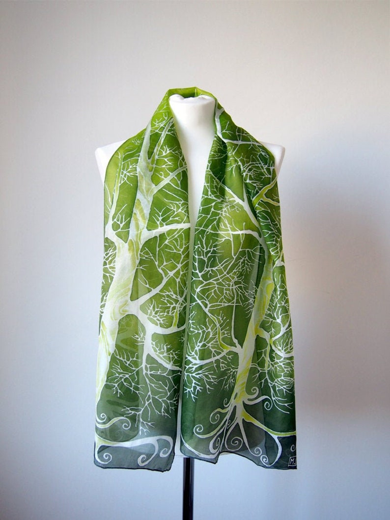 Bright green silk scarf with white tree. Nature inspired forest scarves hand painted. image 2