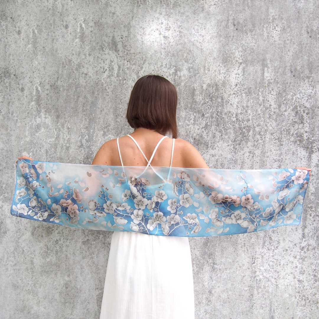 Blue Silk Scarf With White Silver Cherry Blossom White - Etsy