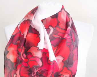 Red silk scarf - hand painted scarves with poppies - crimson poppy silk scarf - long light silk scarves - big poppy flowers paint on silk