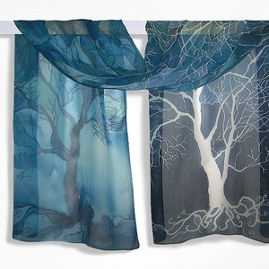 Long silk scarf Trees in blue hand painted scarves blue scarf trees scarf  - blue turquoise white, gift for mother's day