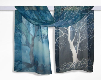 Long silk scarf Trees in blue hand painted scarves blue scarf trees scarf  - blue turquoise white, gift for mother's day