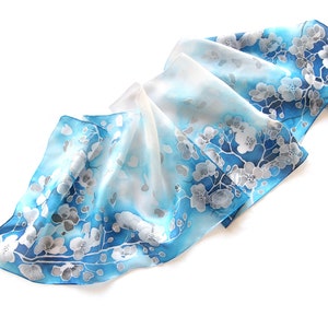 Blue Silk Scarf With White Silver Cherry Blossom, White Flowers Hand ...