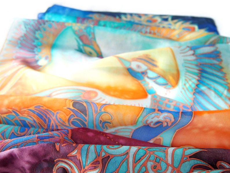 Silk scarf hand painted with Phoenix Bird Of Paradise for 4th wedding anniversary image 6