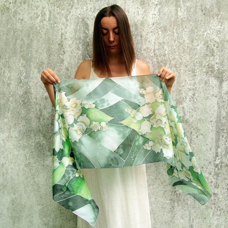 Green wedding scarf, Lily of the Valley hand painted scarves for bride image 1