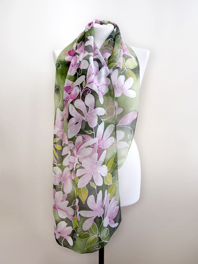 long silk scarf Clematis Flowers scarf hand painted scarves Art Nouveau pale pink floral scarf plant garden gift fourth anniversary image 6