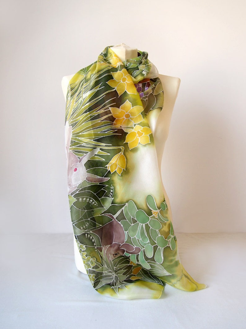 Bunny silk scarf hand painted, rabbit gift for easter, spring green scarf with flowers, herbs and animals image 2