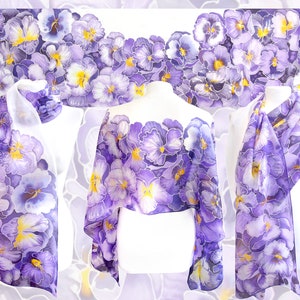 Purple scarf, pansy painted silk scarf with flowers, light weight pure Habotai for Mother's Day image 9