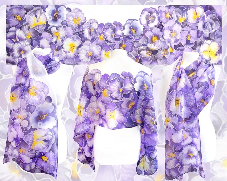 Purple scarf, pansy painted silk scarf with flowers, light weight pure Habotai for Mother's Day image 9