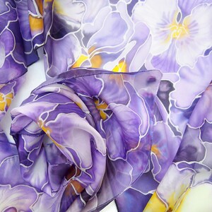 Purple scarf, pansy painted silk scarf with flowers, light weight pure Habotai for Mother's Day image 5