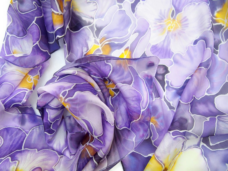 Purple scarf, pansy painted silk scarf with flowers, light weight pure Habotai for Mother's Day image 5