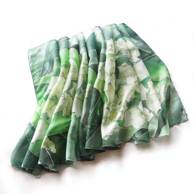 Green wedding scarf, Lily of the Valley hand painted scarves for bride image 7