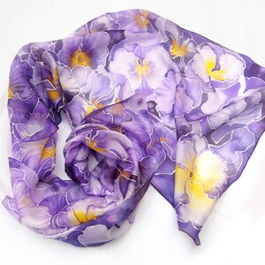 Purple scarf, pansy painted silk scarf with flowers, light weight pure Habotai for Mother's Day image 2