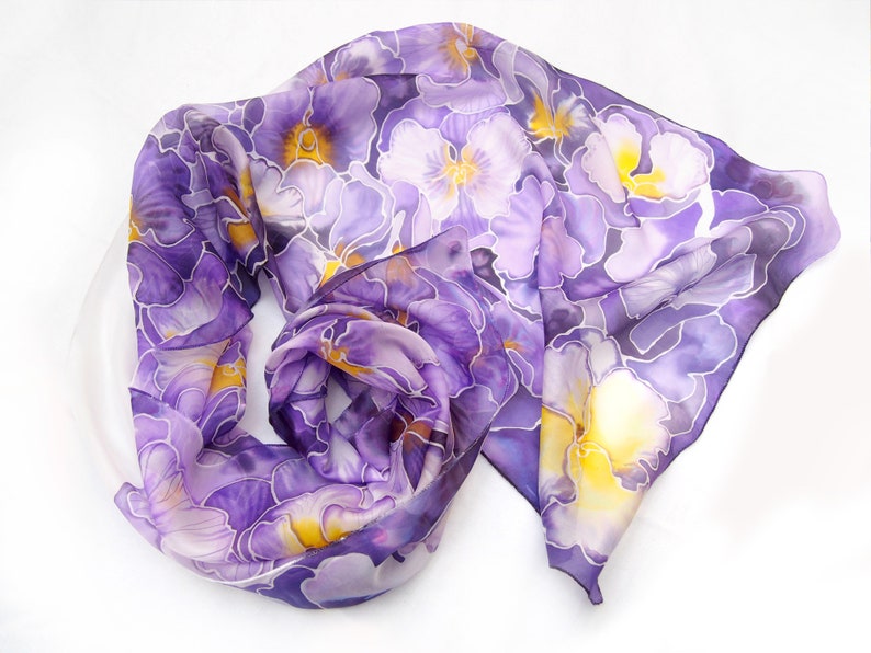 Purple scarf, pansy painted silk scarf with flowers, light weight pure Habotai for Mother's Day image 2