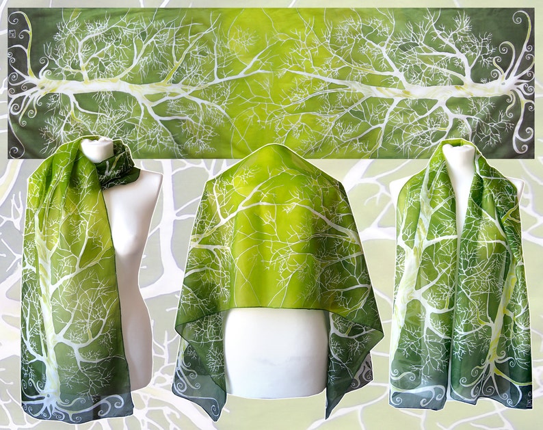 Bright green silk scarf with white tree. Nature inspired forest scarves hand painted. image 7