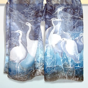 Blue Silk scarf HERON, hand painted scarves, great blue heron with snow, navy & gray scarf with birds image 1