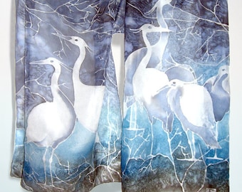 Blue Silk scarf HERON, hand painted scarves, great blue heron with snow, navy & gray scarf with birds