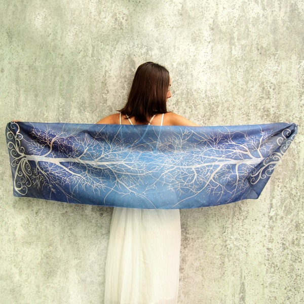 silk scarves White Tree long silk scarf fantasy scarf - navy blue white foulard - tree scarf - trees scarves - book scarf geek