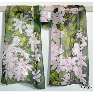 long silk scarf Clematis Flowers scarf hand painted scarves Art Nouveau pale pink floral scarf plant garden gift fourth anniversary image 9