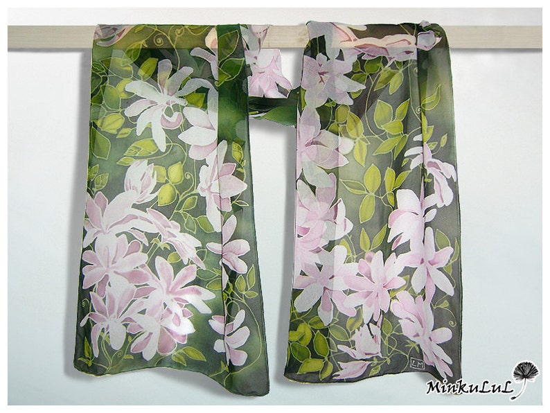 long silk scarf Clematis Flowers scarf hand painted scarves Art Nouveau pale pink floral scarf plant garden gift fourth anniversary image 9