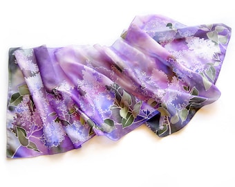 Purple scarf silk - LILAC scarves, hand painted with flowers in violet - foulard lightweight