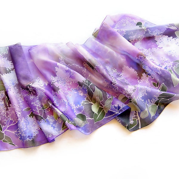 Purple scarf silk - LILAC scarves, hand painted with flowers in violet - foulard lightweight