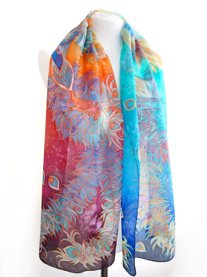 Silk scarf hand painted with Phoenix Bird Of Paradise for 4th wedding anniversary image 3