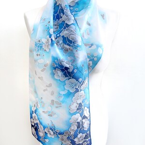 Blue Silk Scarf With White Silver Cherry Blossom, White Flowers Hand ...