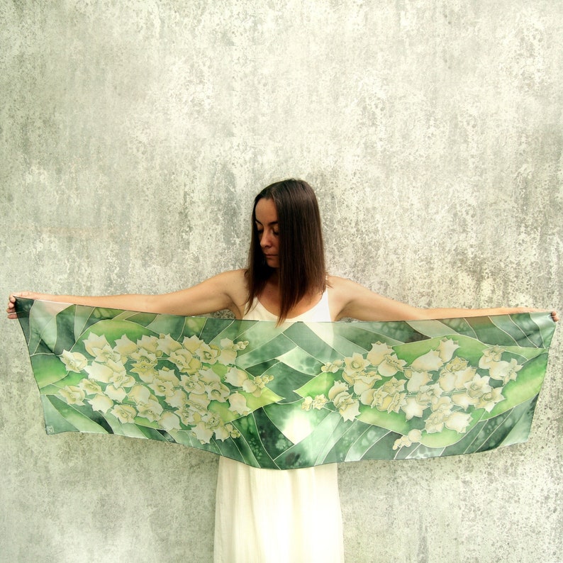 Green wedding scarf, Lily of the Valley hand painted scarves for bride image 2