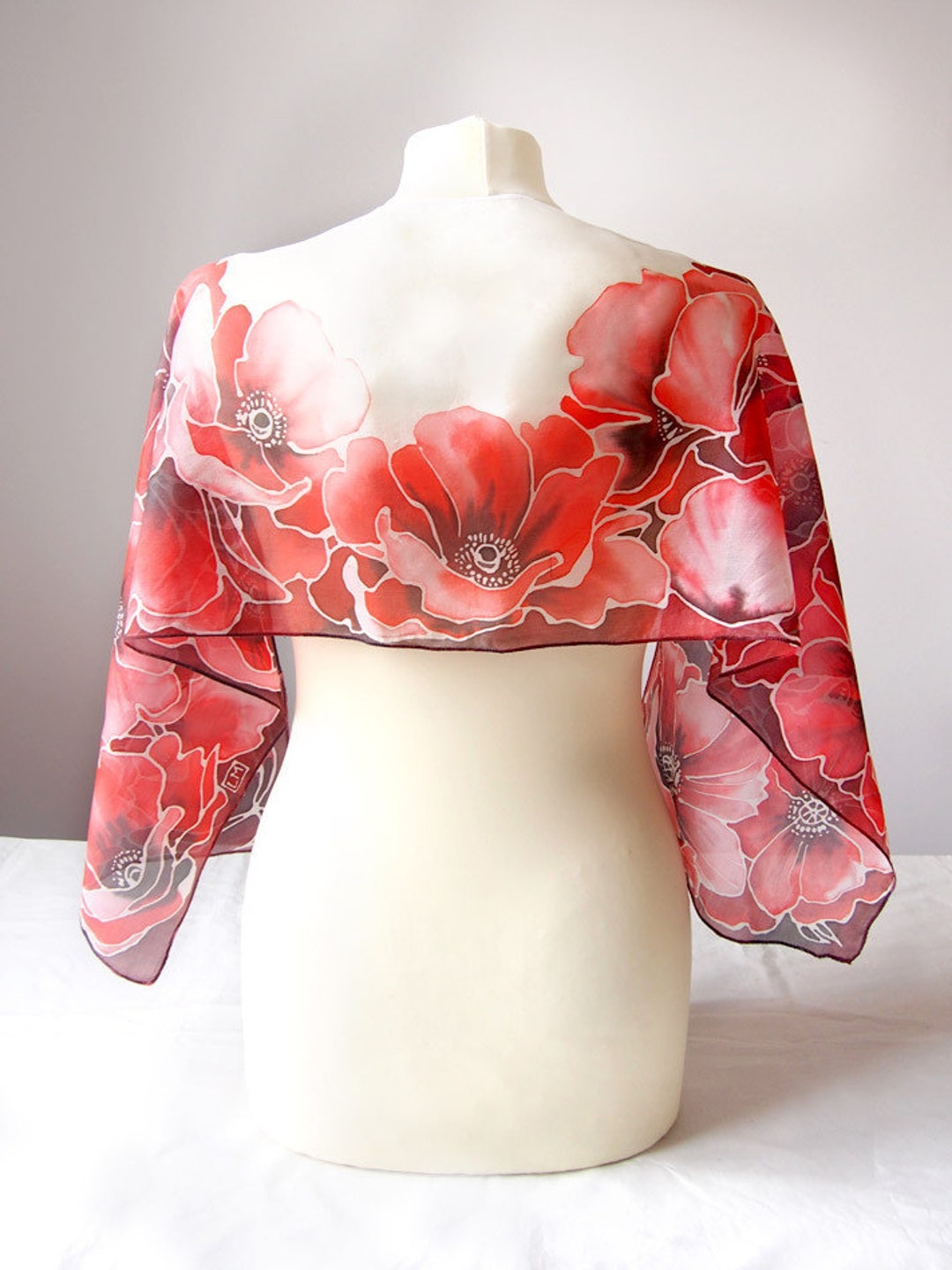 Red Poppies Silk Scarf, Handpainted Silk Scarves, Vivid Red Poppy Scarf ...