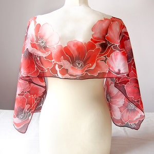 Red Poppies silk scarf, handpainted silk scarves, vivid red poppy scarf, hand painted poppy flowers small silk headscarf