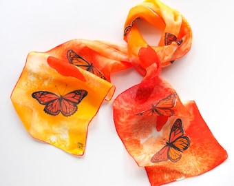 Thin orange scarf, natural silk scarves, hand painted Monarch Butterflies. small neckerchief, appreciation gift for teacher, retirement