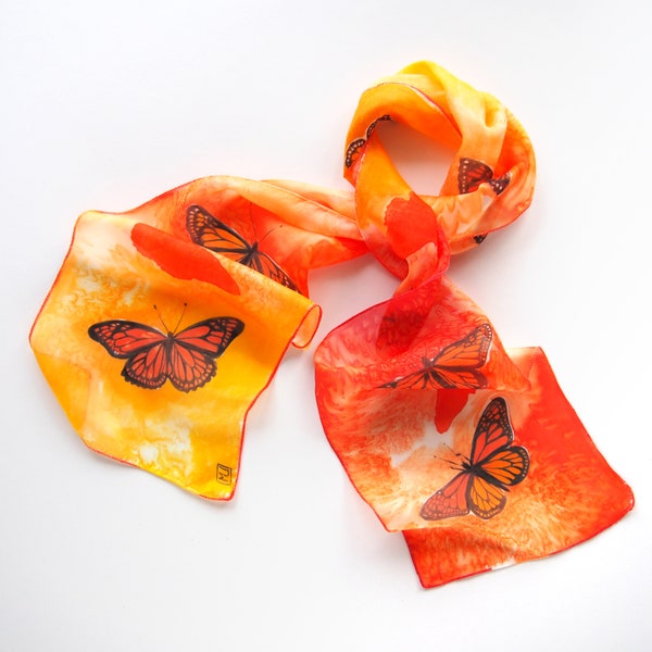 Thin orange scarf, natural silk scarves, hand painted Monarch Butterflies. small neckerchief, appreciation gift for teacher, retirement