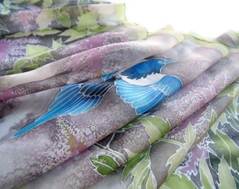 Astilbe silk scarf soft lightweight hand painted wrap with flowers and magpie blue bird