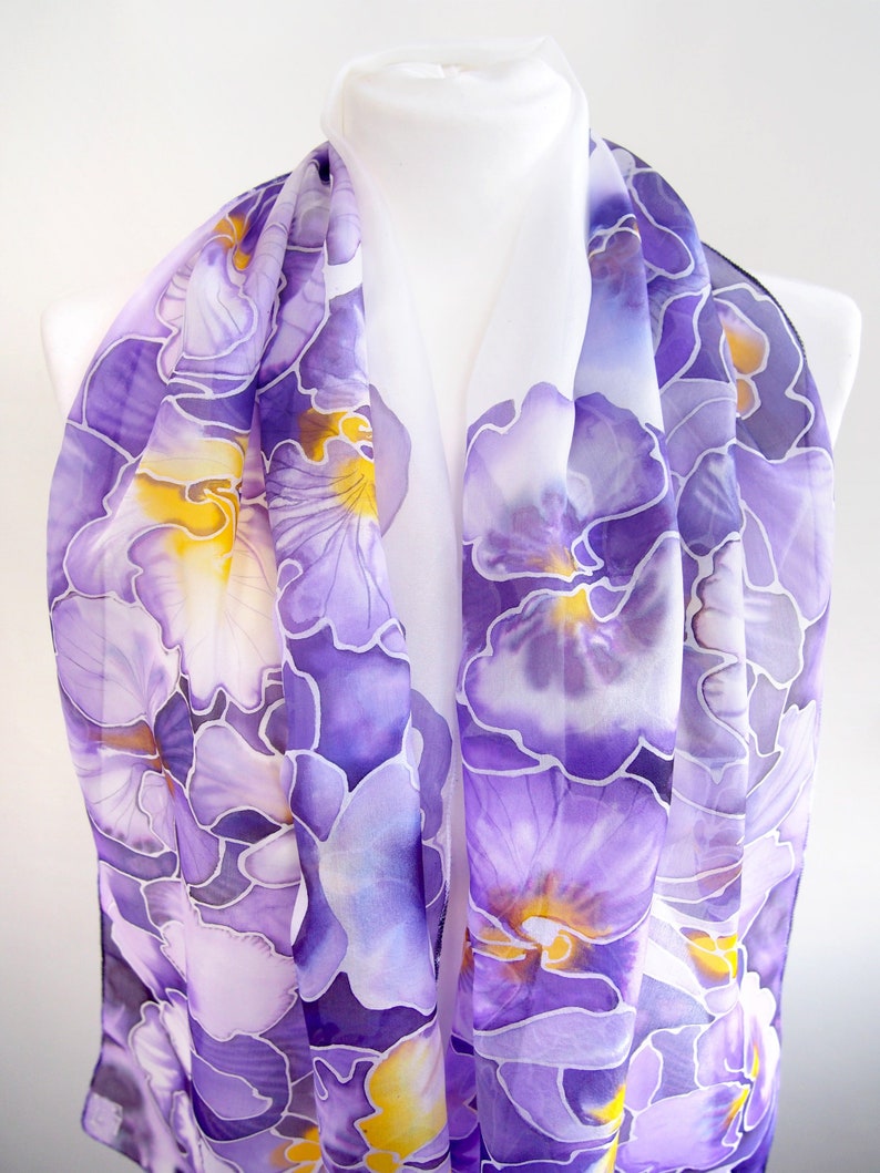 Purple scarf, pansy painted silk scarf with flowers, light weight pure Habotai for Mother's Day image 6