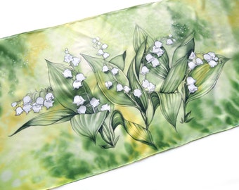 Lily Of The Valley scarf, hand painted scarves, woodland gift for landscape architect, green silk scarf with white forest flowers