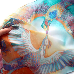 Silk scarf hand painted with Phoenix Bird Of Paradise for 4th wedding anniversary image 9