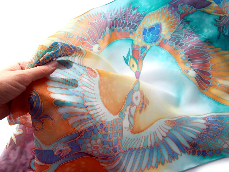 Silk scarf hand painted with Phoenix Bird Of Paradise for 4th wedding anniversary image 9