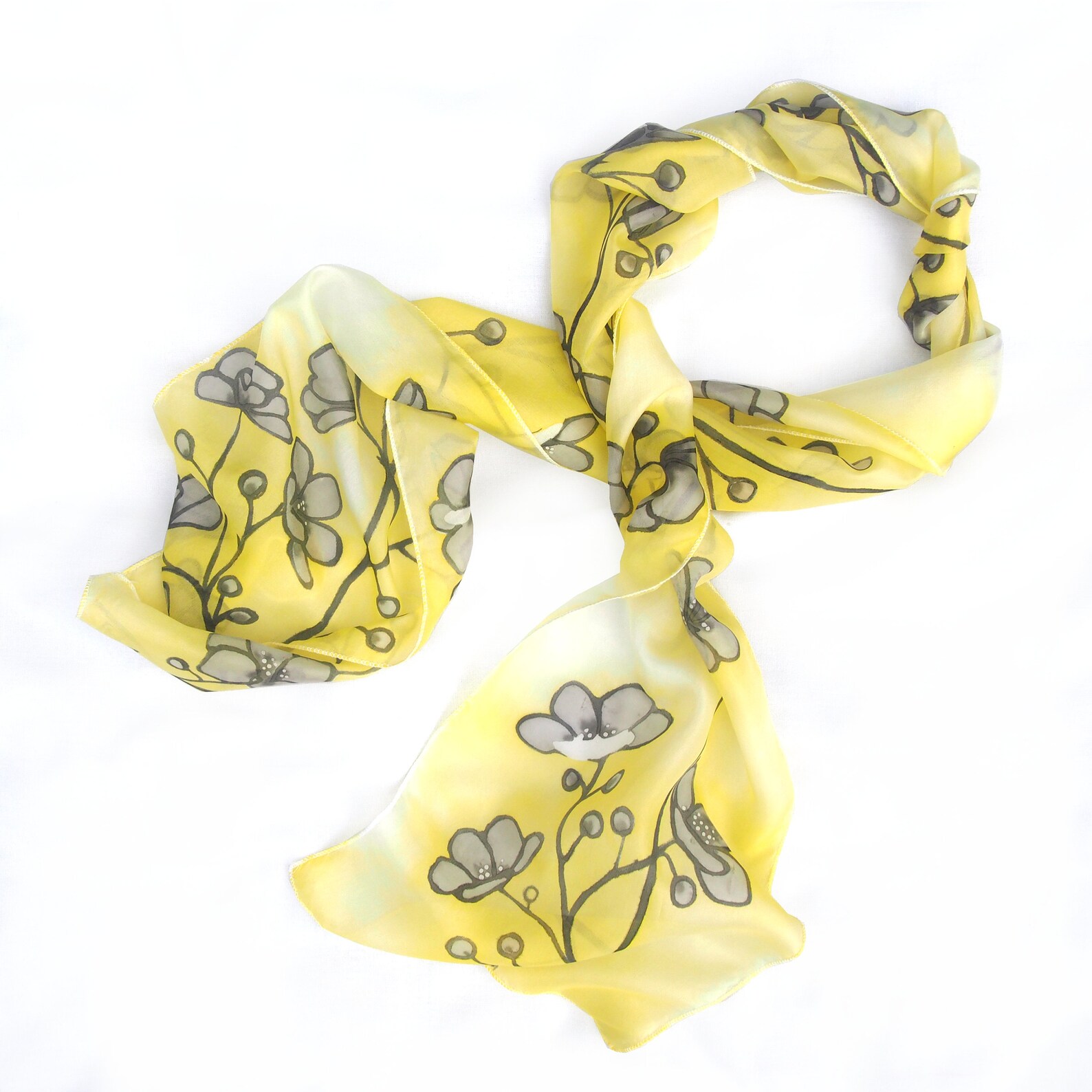 Yellow Silk Scarf With Anemone Flowers Sunny Yellow Scarves Etsy