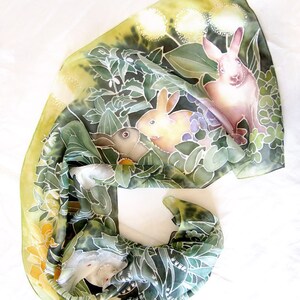 Bunny silk scarf hand painted, rabbit gift for easter, spring green scarf with flowers, herbs and animals image 3