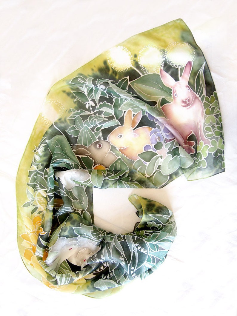 Bunny silk scarf hand painted, rabbit gift for easter, spring green scarf with flowers, herbs and animals image 3