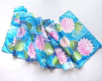 silk scarf  Waterlily - blue silk scarves hand painted - pink flowers - waterlilies by Malinowska - natural long lightweight - lotus & water