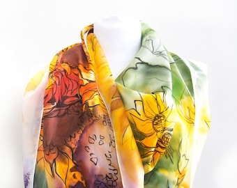 Sunflowers silk scarf, hand painted scarves in watercolor style, long foulard with flowers, headscarf, Mother's Day gift, rustic wedding