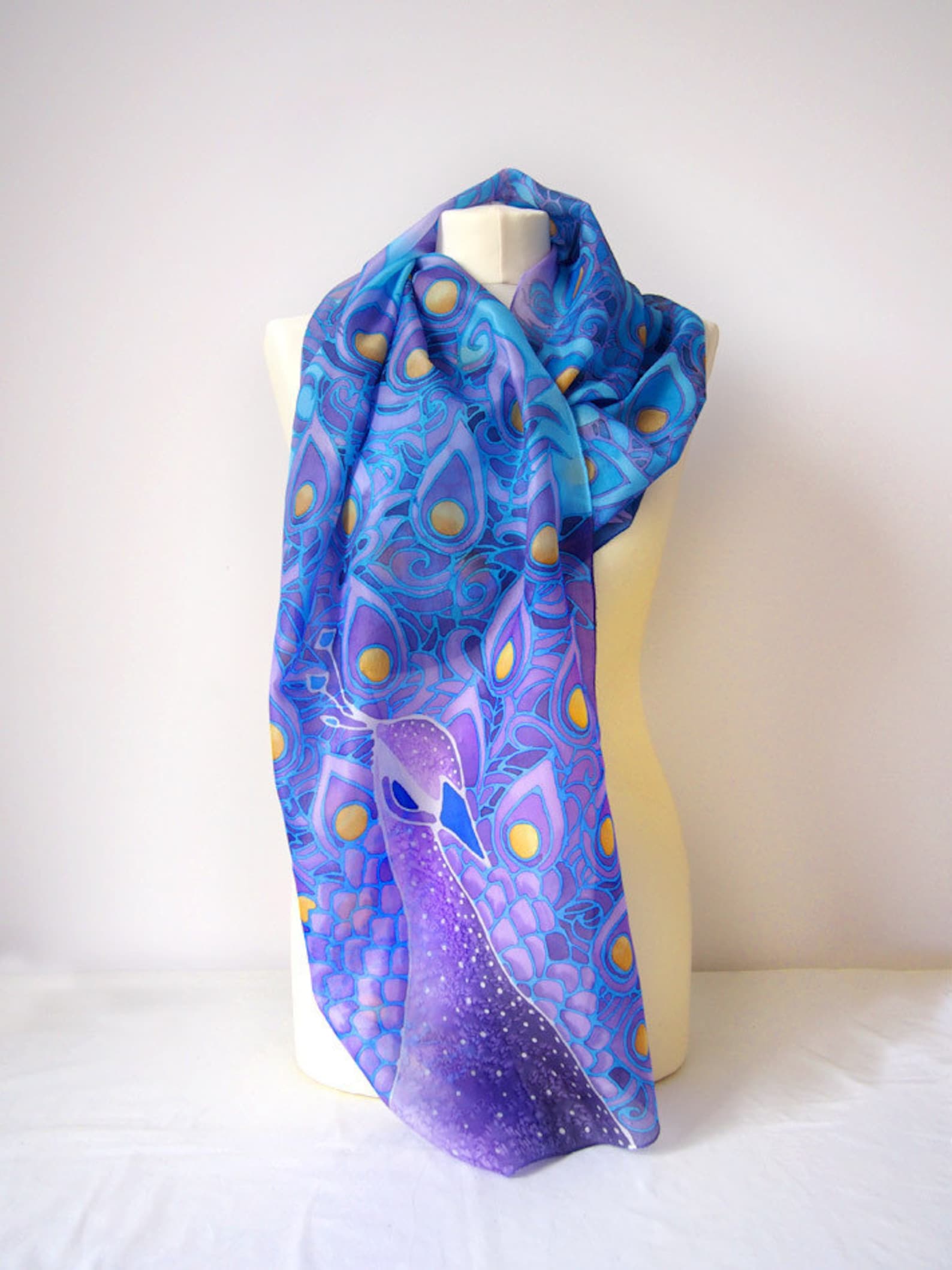 Peacock Scarf Hand Painted Scarf Silk Scarf Peacock Silk Scarves Blue ...