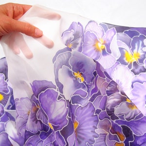 Purple scarf, pansy painted silk scarf with flowers, light weight pure Habotai for Mother's Day image 4