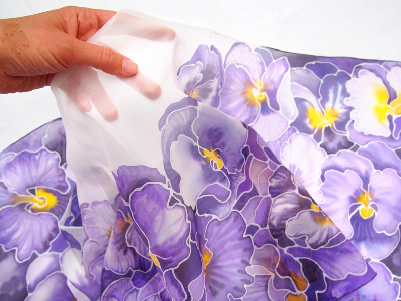 Purple scarf, pansy painted silk scarf with flowers, light weight pure Habotai for Mother's Day image 4