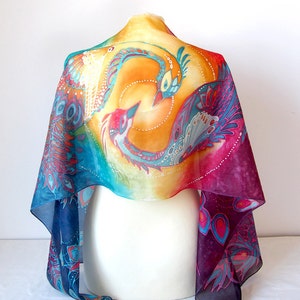 Phoenix silk scarf with birds in Art Nouveau style, yin yang gift, hand painted scarves