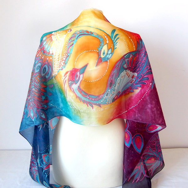 Phoenix silk scarf with birds in Art Nouveau style, yin yang gift, hand painted scarves